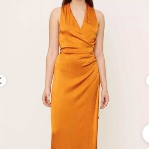 Vince Orange Ruched Wrap Midi Dress
